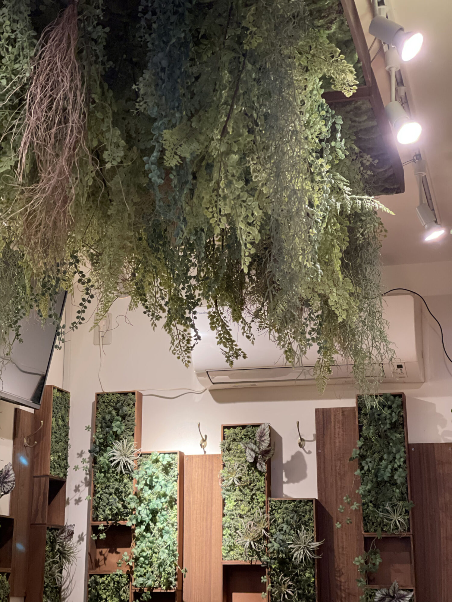 アイリッシュモスやワイヤープランツの造花天井装飾