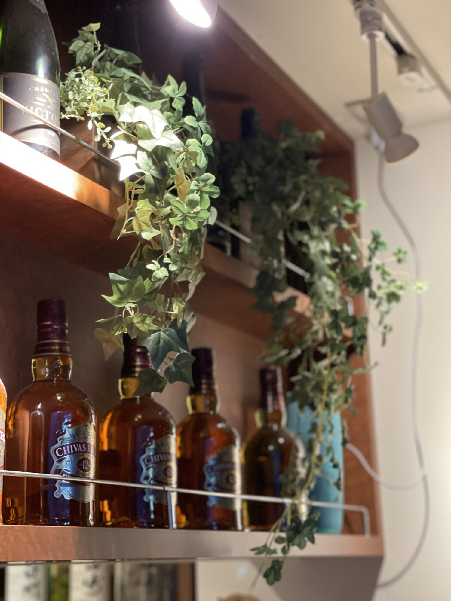 ボトルラックを装飾する造花グリーン