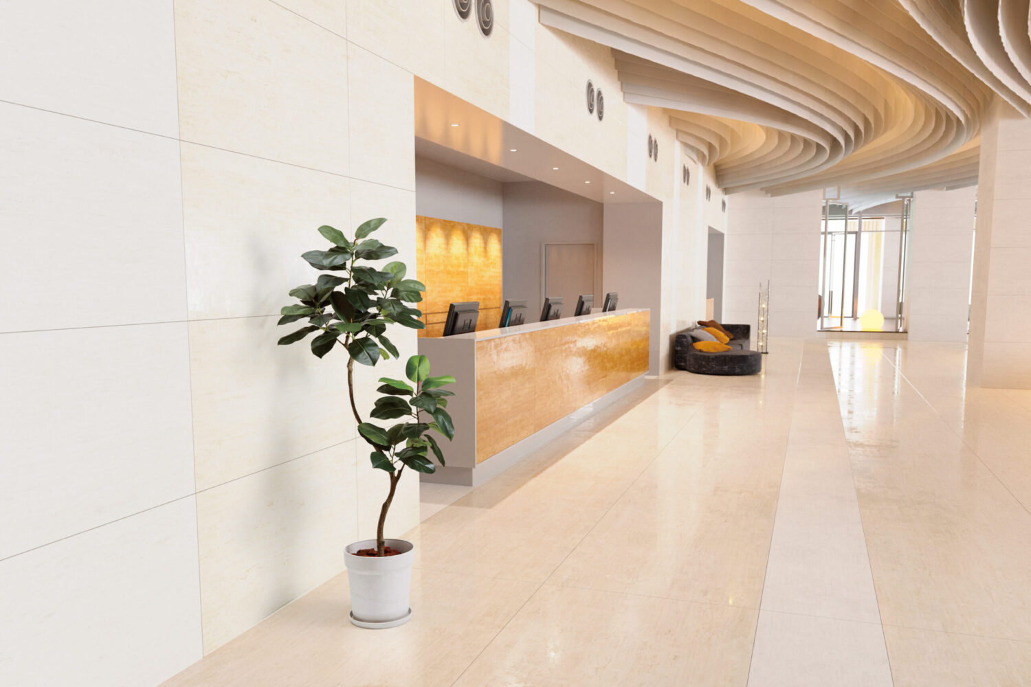 ロビー空間に設置されたS字トランクのアーティフィシャル観葉植物